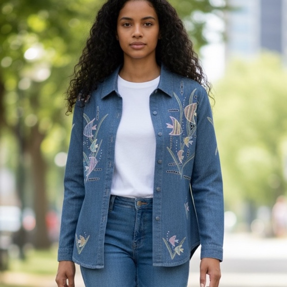 Lim’s Vintage Denim Top Button Up W Embroidery Fish & Cut Outs Unique & Rare EUC